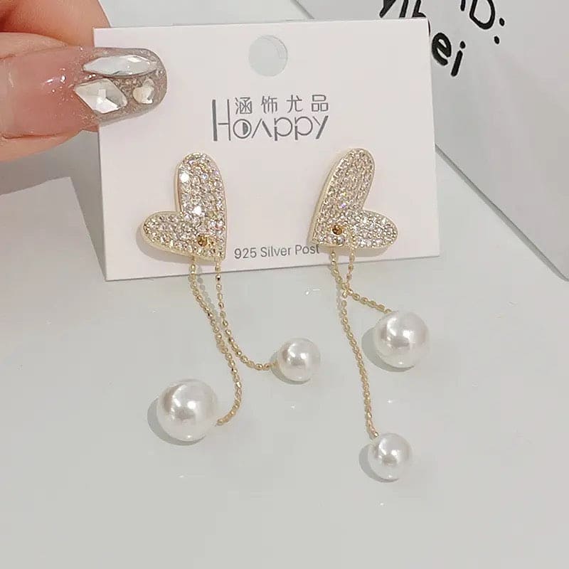 Flexible Heart Top Crystal Earrings, Hollow Heart Drop Earrings, Adjustable Pearl Tassel Ear Jewellery, Luxury Long Simulation Pearl Earrings For Women Flexible Heart Top Crystal Earrings, Hollow Heart Drop Earrings, Adjustable Pearl Tassel Ear Jewellery, Luxury Long Simulation Pearl Earrings For Women